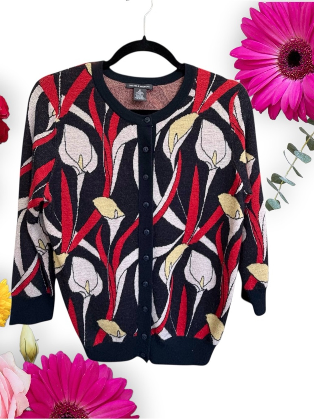 Chelsea & Theodore Button-Down Cardigan Sweater Calla Lily Print Wool-Blend